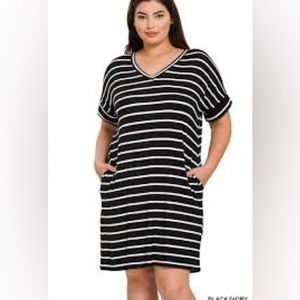 Black & White Stripe Rolled Short Sleeve V-Neck Dress